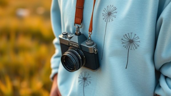 Analog Living and Mindfulness: Vintage camera on strap against blue sweatshirt.