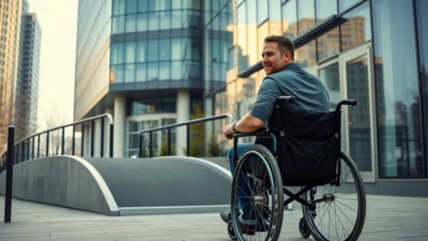Person in wheelchair using ramp at modern building, Eagle Scout Projects.