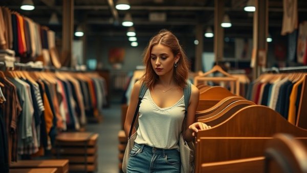 Young woman thrifting in a cozy store displaying various clothes.