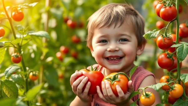 Toddler in garden with tomato, evoking summer vibes.