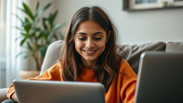 Teen girl in cozy setting using laptop for online therapy session