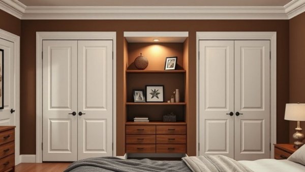 Stylish wooden built-in shelves styled with decor in a cozy bedroom.