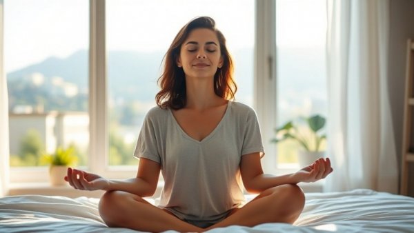 Woman meditating peacefully indoors, reflecting on personal health.