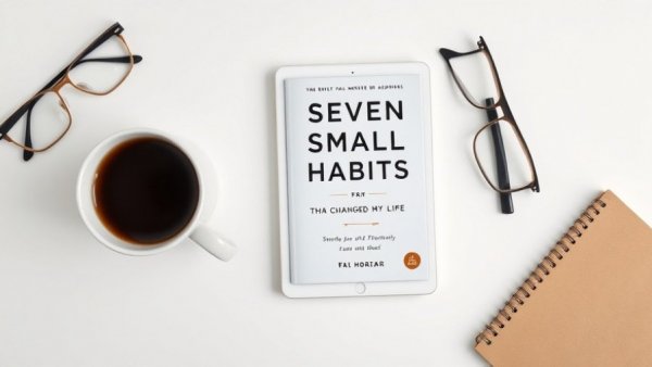 Book cover on tablet featuring habits, coffee, and glasses.
