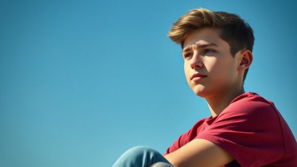 Thoughtful teenage boy pondering outdoors, clear blue sky.