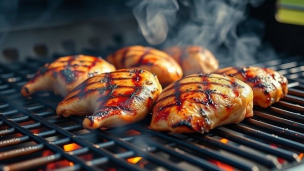 Succulent grilled chicken on barbecue grill with smoke rising