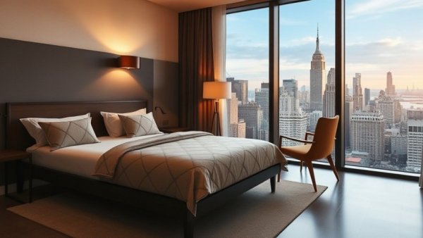 Cozy hotel room with NYC skyline view, family-friendly hotels in New York City.