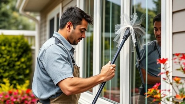 Professional cleaning services demonstrated by window washing on house