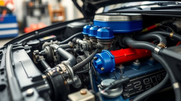 Modified car engine with colored components in garage.