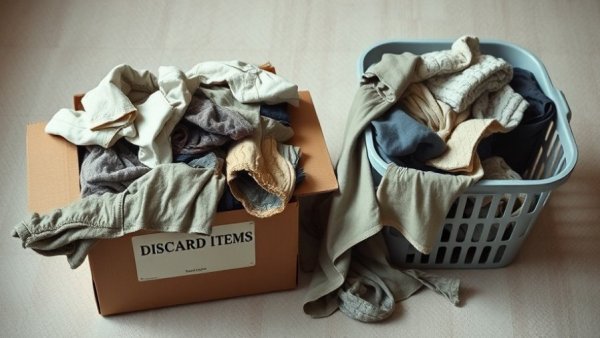 Discarded clothes in box and laundry basket, things people often regret throwing away.