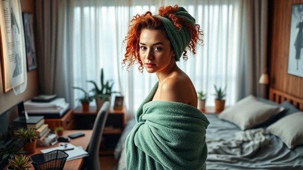 Woman in towel in cozy room, showering before sex concept