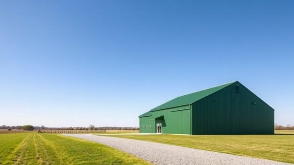 Modern green barndominium with gravel drive, clear blue sky.