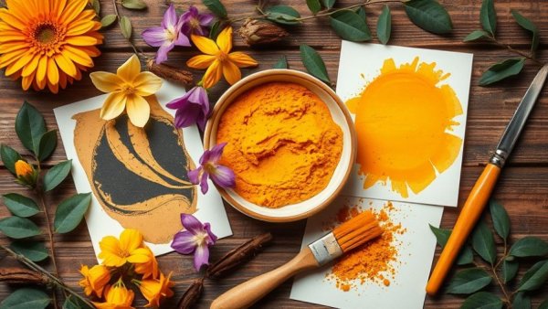 Anthotype printing with turmeric featuring art materials and prints.