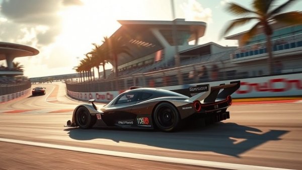 Miami Grand Prix car speeding on track, shadows and palm trees visible