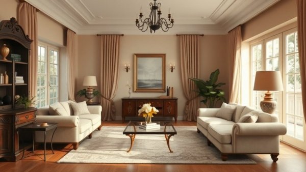 Elegant living room with classic decor in neutral tones.