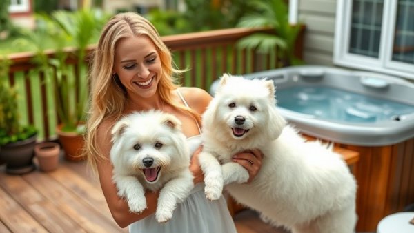 Woman in white dress with two dogs at Dallas home deck.