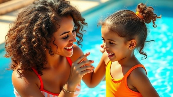 Mother applying sunscreen to daughter by poolside, best sunscreens for the whole family.