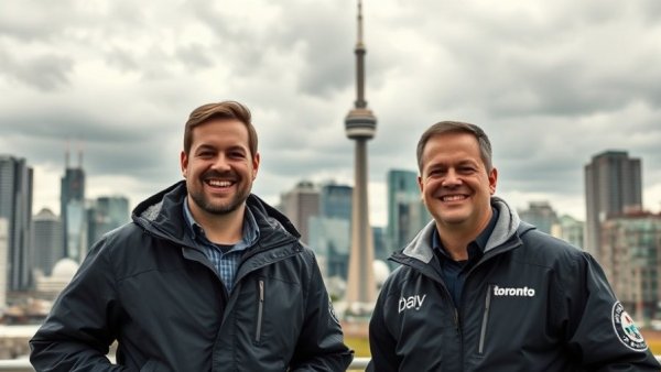 Hiring a cleaner in Toronto; two men in branded jackets with skyline.