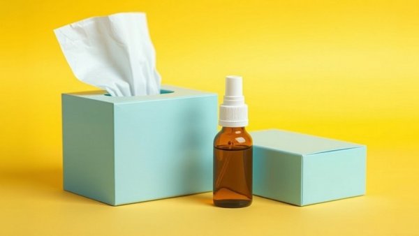Bayer Nasal Spray and tissue box on yellow background.