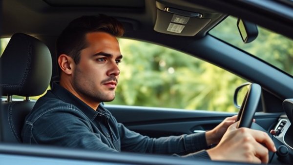 Confident driver in car interior, focus on safety and attention.