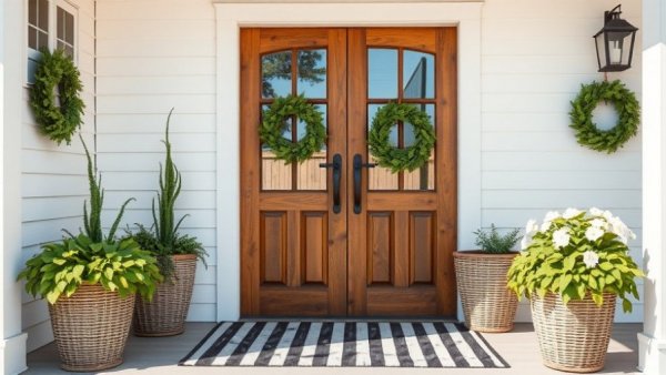 Affordable porch upgrades under $25 include a striped rug and plants.