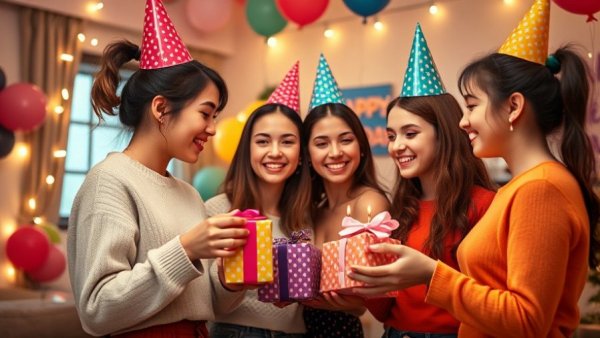 Teens at a birthday party exchanging gifts, colorful setting.