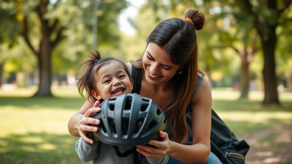 Cultivating Courage and Confidence in Motherhood: Mother helping child with helmet in park.