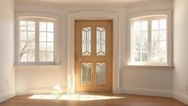 Beige metal door with glass panels in a cozy interior, highlighting metal door features.