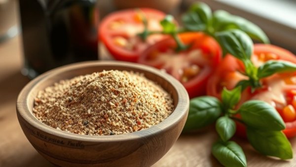 Bowl of basil balsamic finishing salt with tomatoes and vinegar.