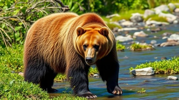 Grizzly bear walking cautiously on rocks in Yellowstone's river.