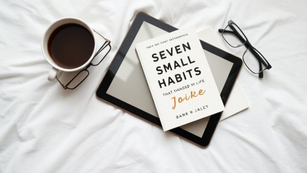 Book titled 'Seven Small Easy Habits' beside coffee and glasses.