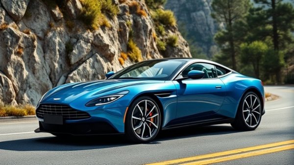 Blue Aston Martin DB12 S parked by a rock cliff and trees.