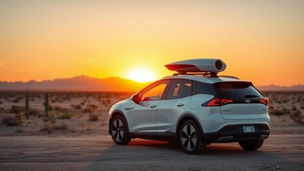 Nuro driverless testing permit vehicle parked at sunset, desert backdrop.