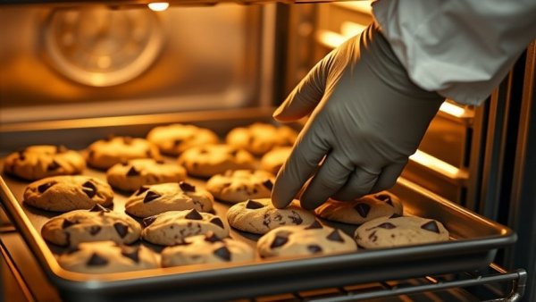 Using oven mitts to bake cookies safely, highlighting cleanliness.