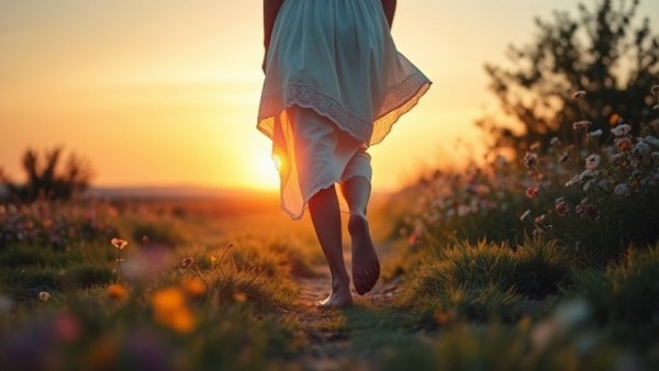 Woman walking in sunset meadow, symbolizes 'Heal on a Deeper Level After Moving On'.