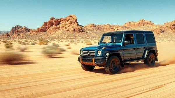 Ineos small 4x4 models speeding through a desert landscape.