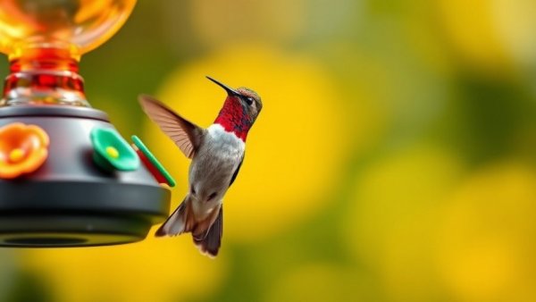 Colorful hummingbird at feeder in a natural setting.