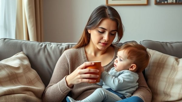 Young mother with toddler in cozy home, reflecting on mom confessions.
