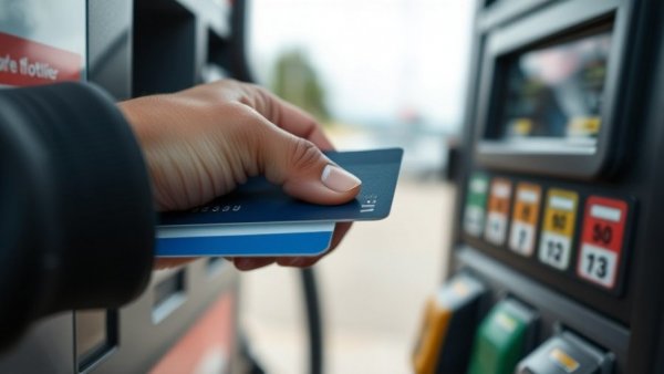 Hand inserting a credit card into a gas pump during automotive road trips.