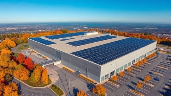 Aerial view of industrial building with solar panels, sustainability standard.