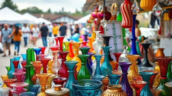 Vibrant flea market finds of colorful glassware on display