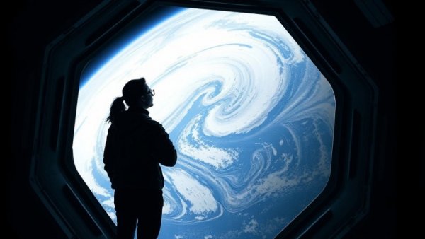 Silhouette watching Earth from spacecraft window, lunar impact flashes context.