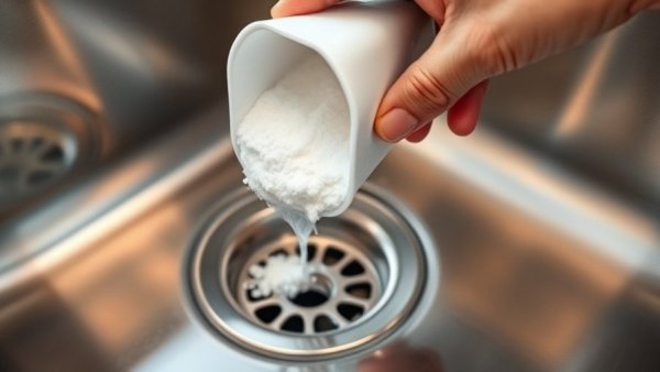 Hand applying baking soda to clean kitchen sink drain, stainless steel.