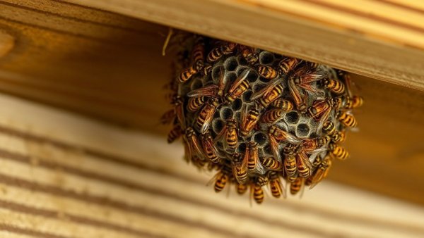 Photorealistic wasp nest with wasps under wooden structure. Fake wasp nests topic.