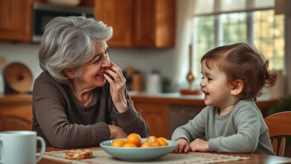 Impact of losing a parent on family relationships visualized with three generations sharing a tender moment at the dining table.