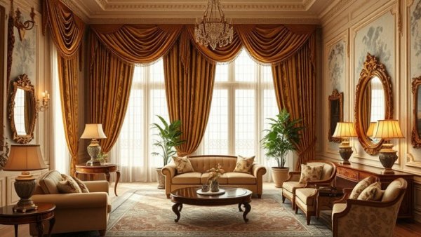 Elegant living room with luxurious curtain ideas and classic decor.