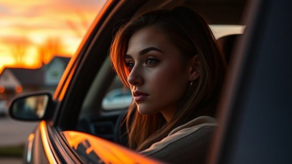 Reflective woman in car at dusk, vibrant sunset in suburb.