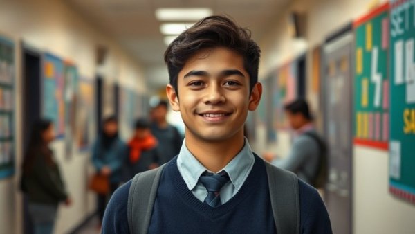 Confident student in autism friendly school hallway, smiling.