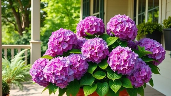 Colorful sun-loving plants for porches with hydrangeas.