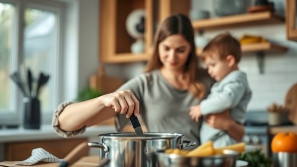 A woman making meals in a cozy kitchen, highlighting the monotony of cooking.
